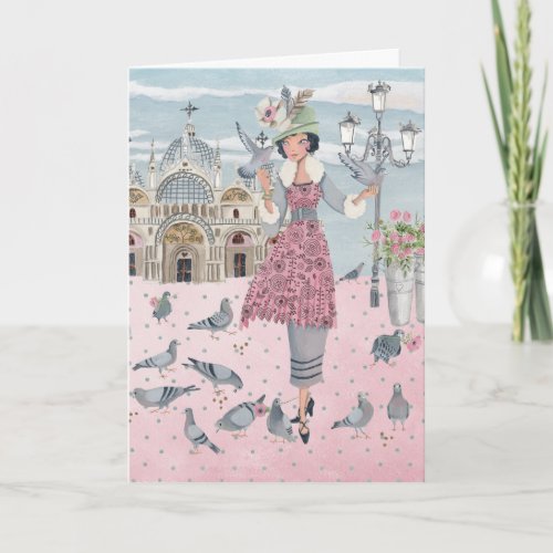 Pigeons Girl in Venice  Greeting Card