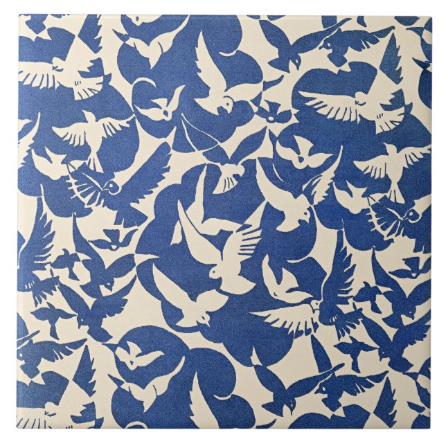 Pigeons in White and Blue Ceramic Tile (Front)