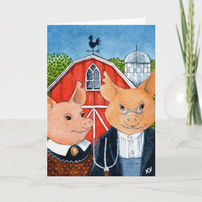 Piggies barnyard American Gothic greeting card (Front)