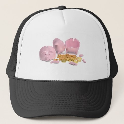 Piggy bank with many gold coins trucker hat