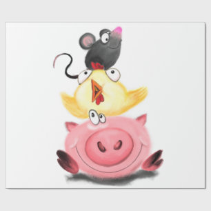 Piggy Chick and Mouse Friends Wrapping Paper Fun