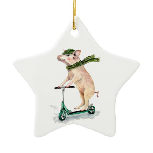 Piggy on a scooter ceramic ornament