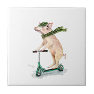 Piggy on a scooter ceramic tile