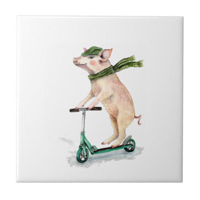Piggy on a scooter ceramic tile (Front)
