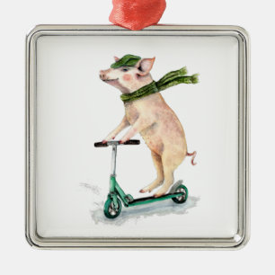 Piggy on a scooter metal ornament