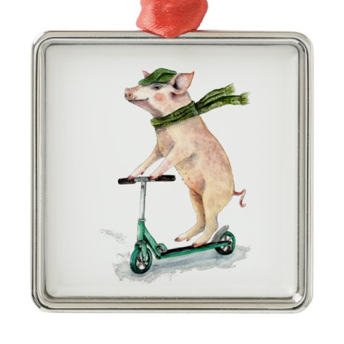 Piggy on a scooter metal ornament
