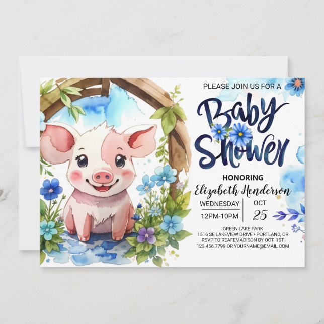 Piggy Parade Watercolor Farm Baby Shower Invitation (Front)
