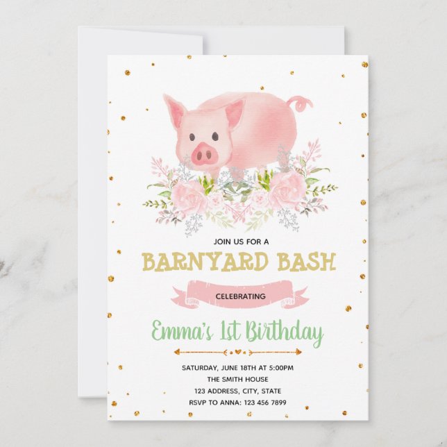 Piggy party farm birthday invitation (Front)