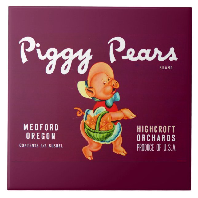 Piggy Pears fruit crate label print Ceramic Tile (Front)