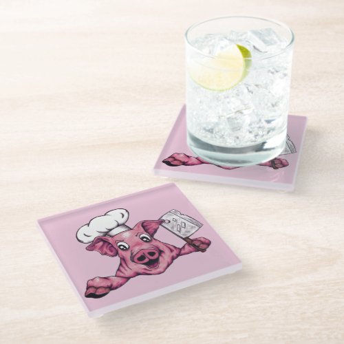 Piggy The Hamicidal Maniac Funny Chef Pig Art Glass Coaster