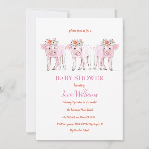 Piggy Triplets Baby Shower Piglet Girl Farm Animal Invitation