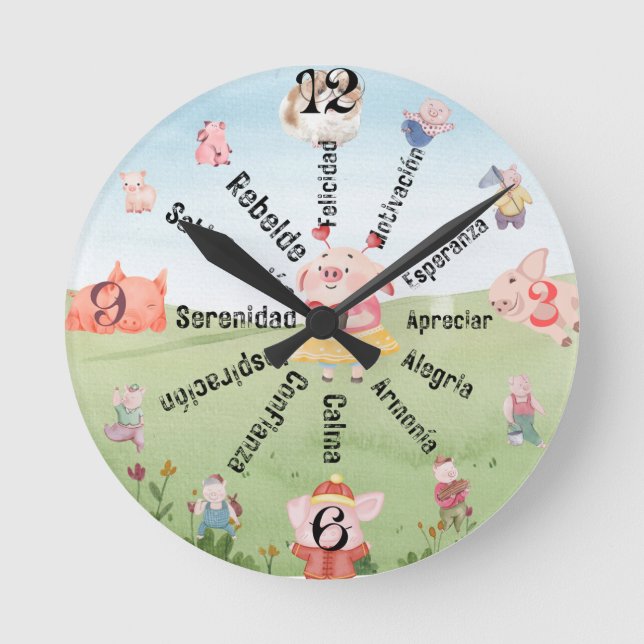 Piggy wall clock with Spanish motivational prompts (Front)
