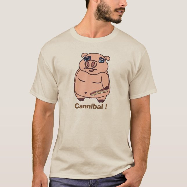 Piggy with Bacon Cannibal Cartoon T-Shirt (Front)