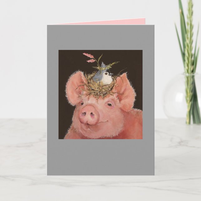 Piggy with tufted titmouse card (Front)