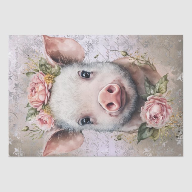 Piglet Farm Pig Floral Watercolor Tissue Paper (Front)