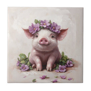 Piglet in a Purple Flower Crown Ceramic Tile