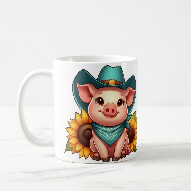 Piglet Wearing Cowboy Hat with Sunflowers Coffee Mug (Left)
