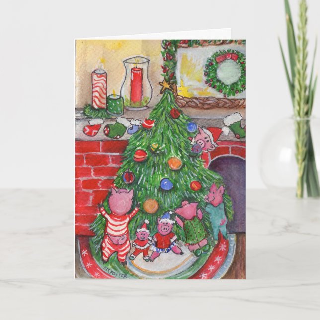 Piglets Decorating Tree Christmas Holiday Card (Front)