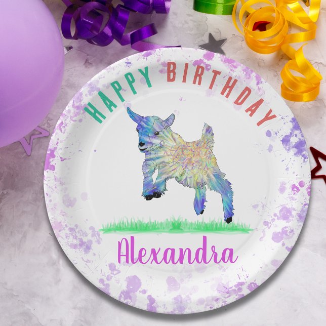 Pigmy Goat Girls Birthday Party Name Paper Plates (Colorful cute pigmy goat jumping girls name personalized birthday party paper plate)