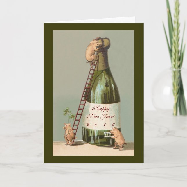 Pigs and Champagne; Cute 2016 New Year's Card (Front)