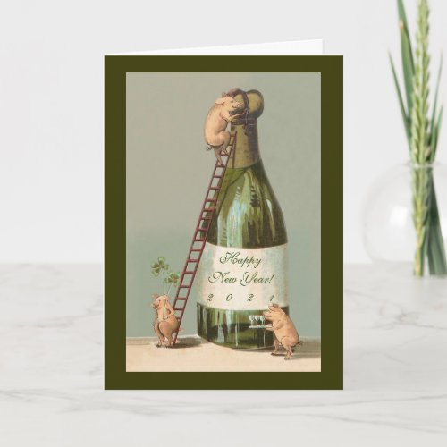 Pigs and Champagne Cute New Years Card