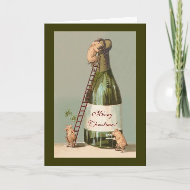 Pigs and Champagne; Funny Vintage Christmas Holiday Card (Front)