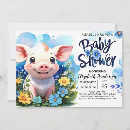 Pigs Country Farm Charm Blue Baby Shower Invitation