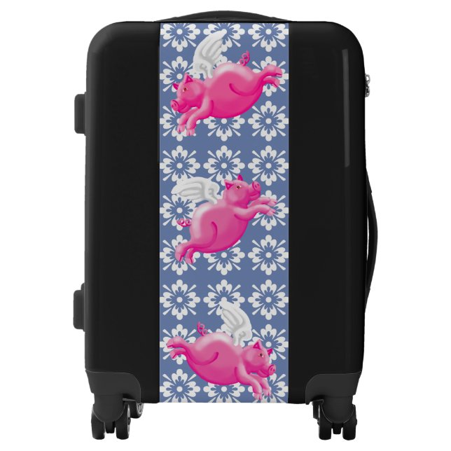 Pigs fly pink pigs on blue floral backing luggage (Front)