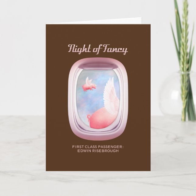 Pigs Flying Past Airplane Window-Personalized Card (Front)