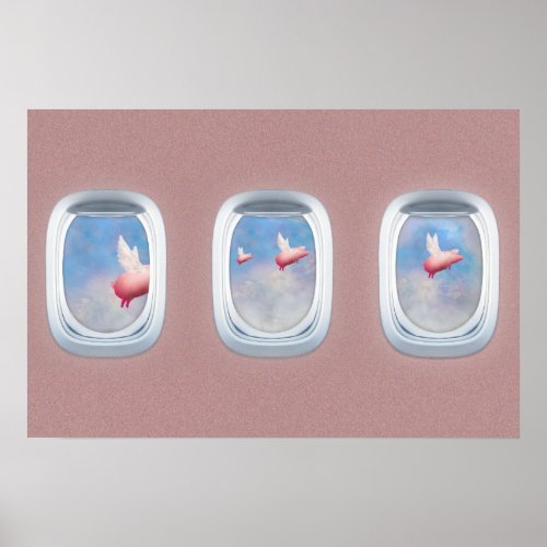 Pigs flying past airplane windows poster