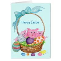 Pigs Happy Easter Card. Pigs, eggs, Easter basket Card