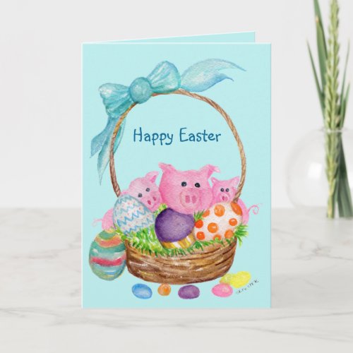 Pigs Happy Easter Card Pigs eggs Easter basket Holiday Card