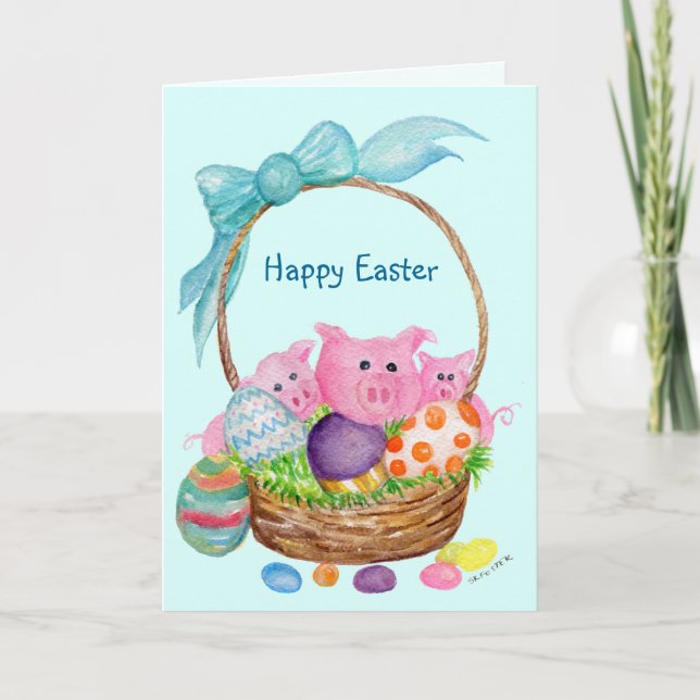 Pigs Happy Easter Card. Pigs, eggs, Easter basket Holiday Card (Front)