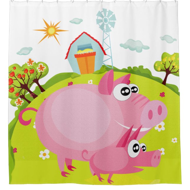 Pigs on the Farm With Hay Barn Shower Curtain (Front)