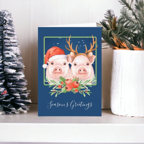 Pigs Santa and Reindeer Couple Christmas Holiday Card