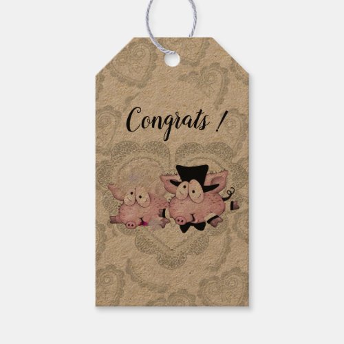 PIGS WEDDING CARTOON  GIFT TAG Kraft