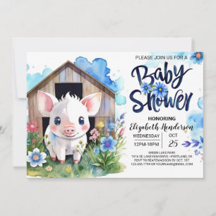 Pig's Whimsical Country Farm Blue Baby Shower Invitation