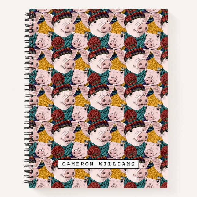 Pigs With Hats Pattern | Add Your Name Notebook (Front)