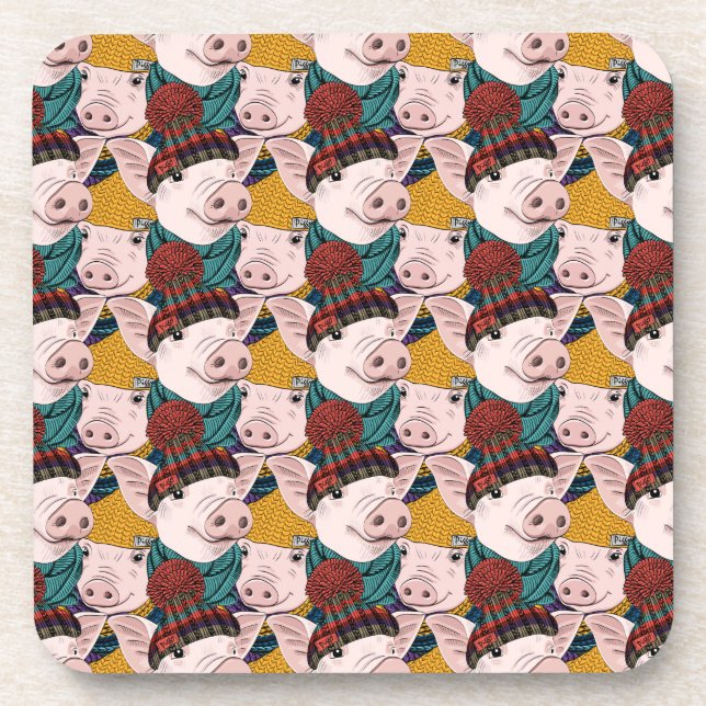 Pigs With Hats Pattern Beverage Coaster (Front)