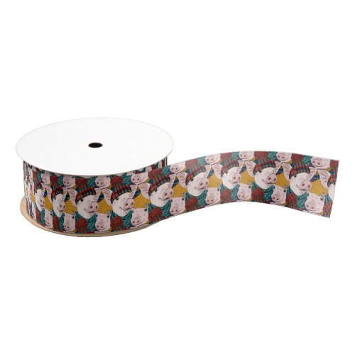 Pigs With Hats Pattern Grosgrain Ribbon
