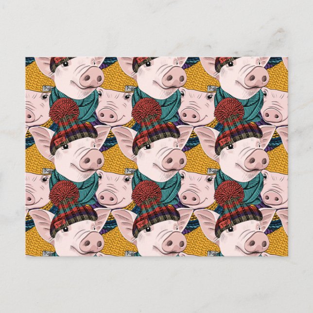 Pigs With Hats Pattern Holiday Postcard (Front)