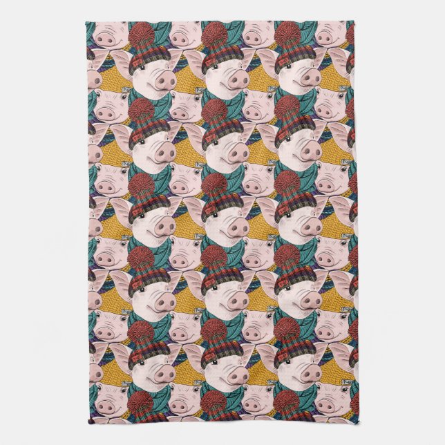 Pigs With Hats Pattern Kitchen Towel (Vertical)