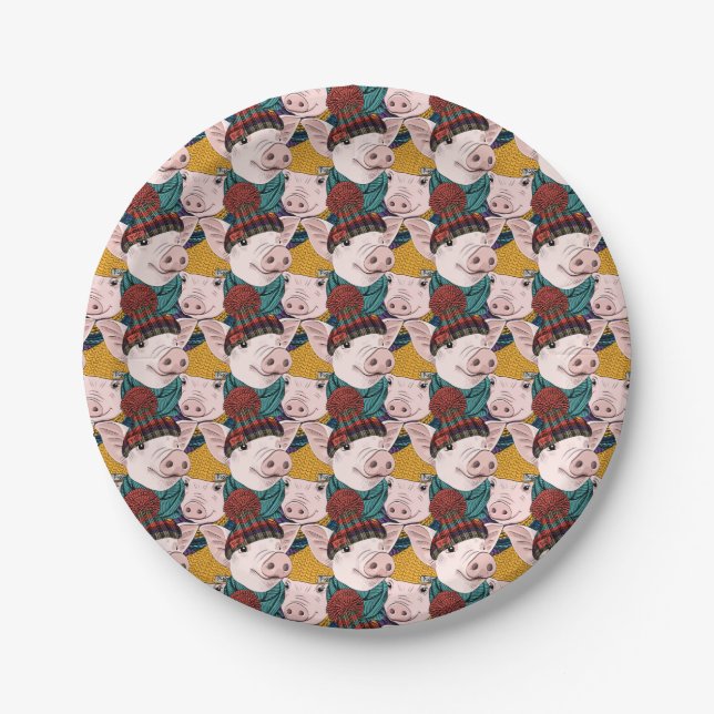Pigs With Hats Pattern Paper Plates (Front)