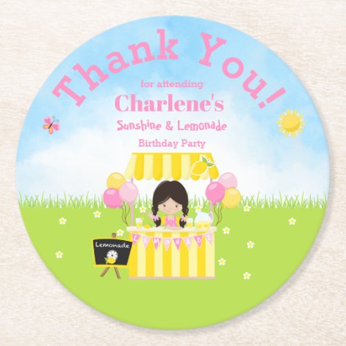 Pigtail Girl Sunshine  Lemonade Birthday Party Round Paper Coaster