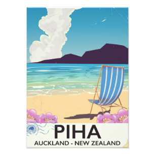 Piha New Zealand vintage travel poster
