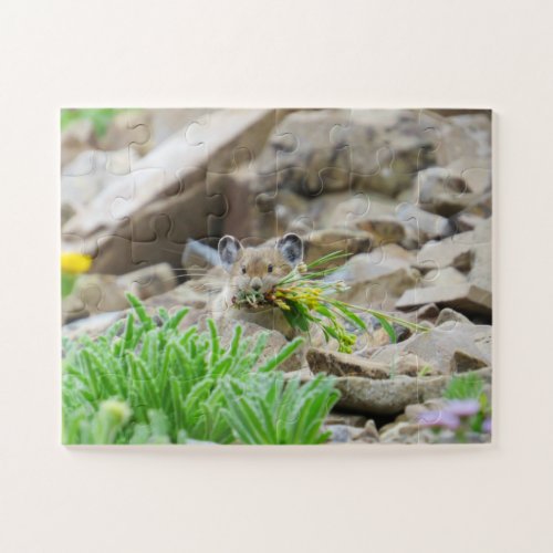 Pika Holding Leaves And Flowers In Mouth Jigsaw Puzzle