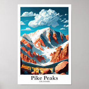 Pike Peaks Colorado Travel Vintage Illustration Poster