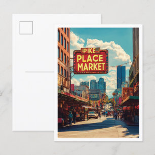 Pike Place Market Seattle Illustration Travel Postcard