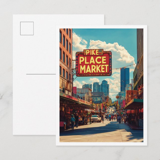 Pike Place Market Seattle Illustration Travel Postcard (Front/Back)
