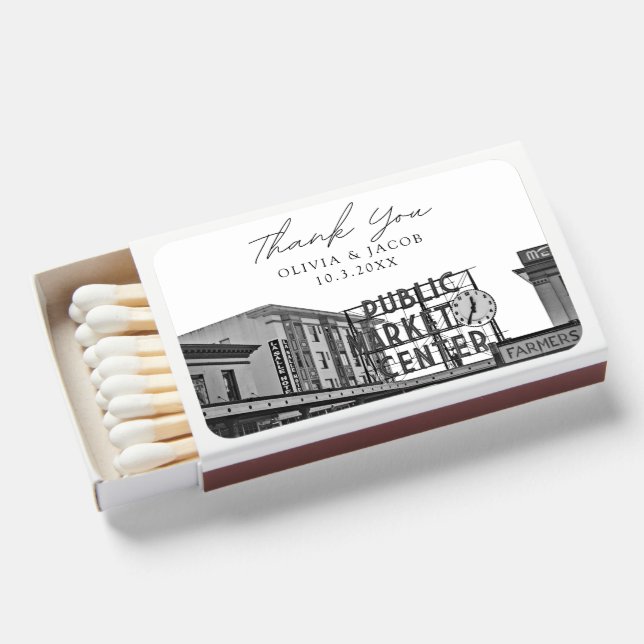 Pike Place Wedding Favor Personalized Thank You Matchboxes (Front Open)
